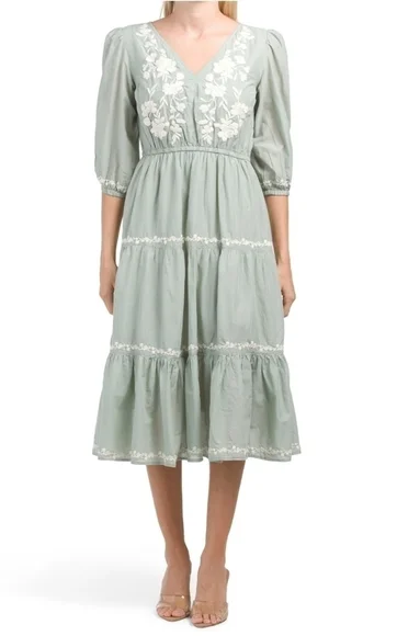 Lucky Brand | Dresses | Lucky Brand Long Sleeve V Neck Embroidered Tiered  Midi Dress | Poshmark